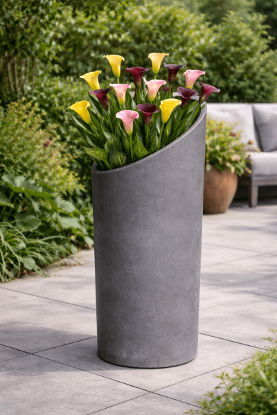 Moderner hoher grauer Terracottatopf aus Impruneta mit asymmetrischer Form- Sinfonia